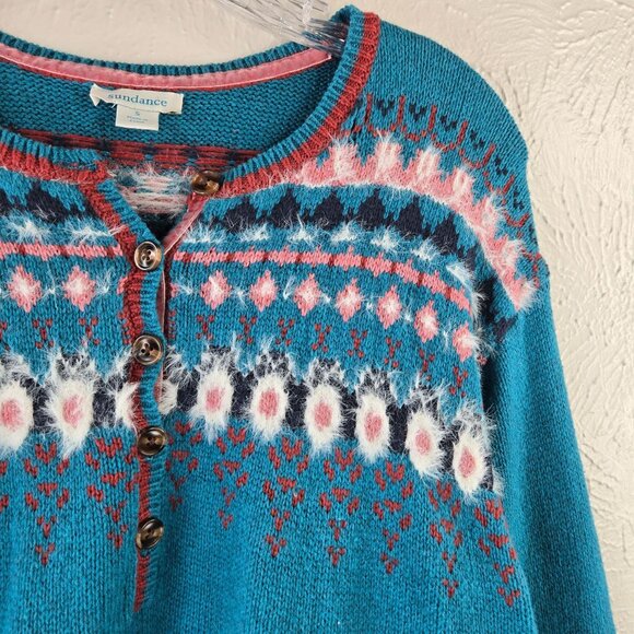 Sundance Fair Isle Henley Sweater S Blue Wool Blend Boho Cottage Cozy Pullover - Picture 10 of 13
